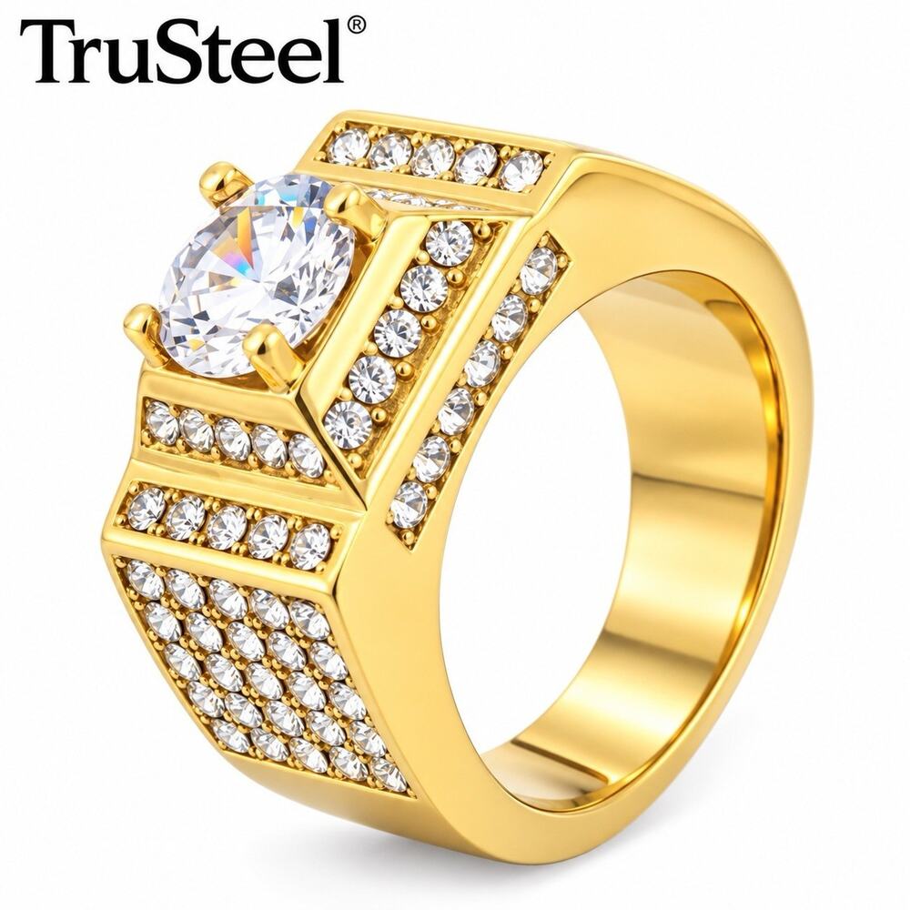 Hip Hop Square Gold Halo Iced Icy Stainless Steel Bling Ring Men Fashion Size 12